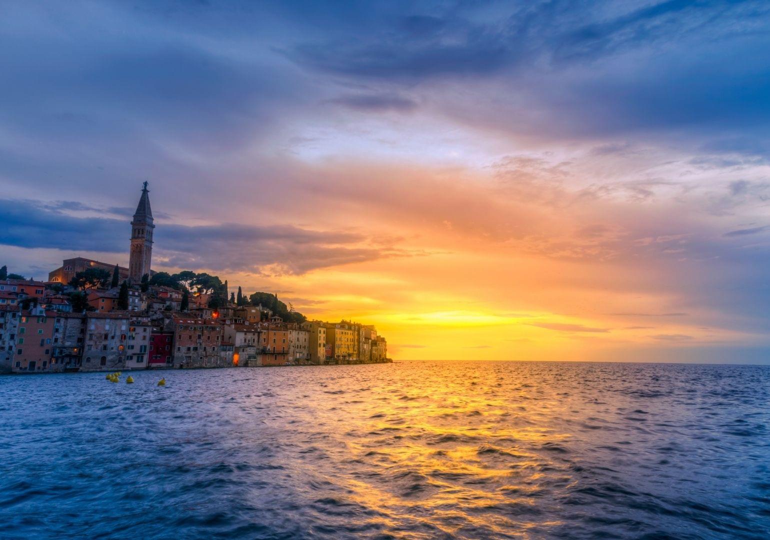 sunset on old town Rovinj, Croatia