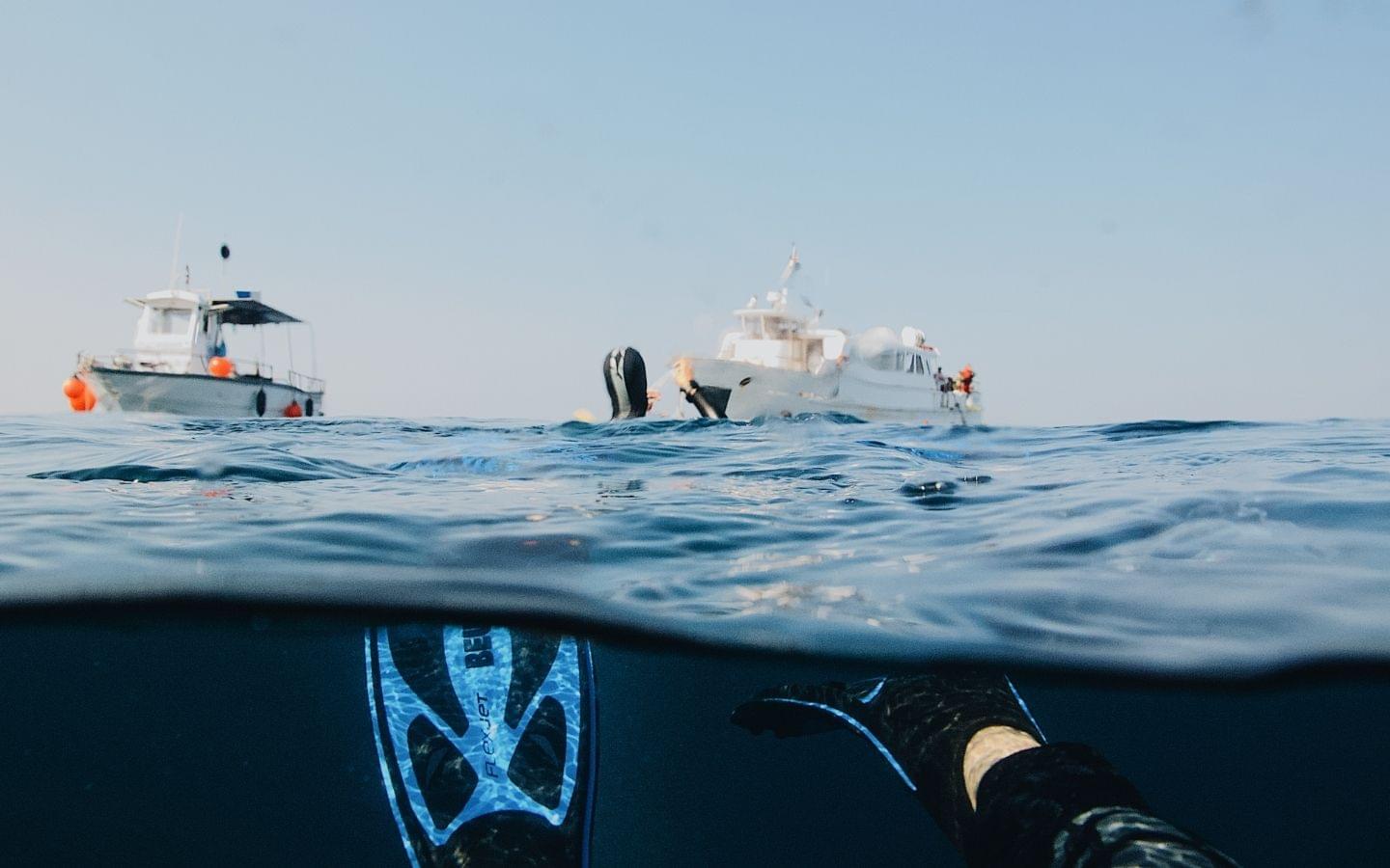 divers on an open water dive off of two boats