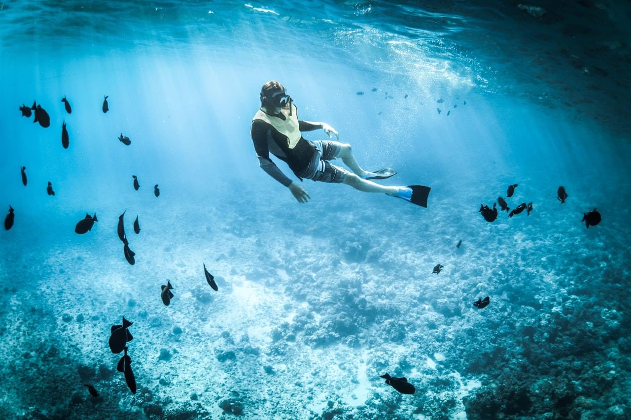 Snorkeling underwater with snorkel vest
